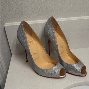 Christian Louboutin Sparkling Silver Peep-Toe Heels